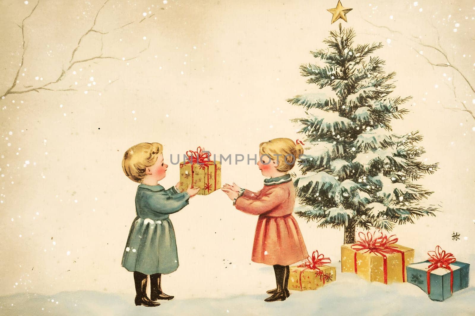 Two young children joyfully exchange beautifully wrapped gifts next to a festive Christmas tree in a snowy setting.
