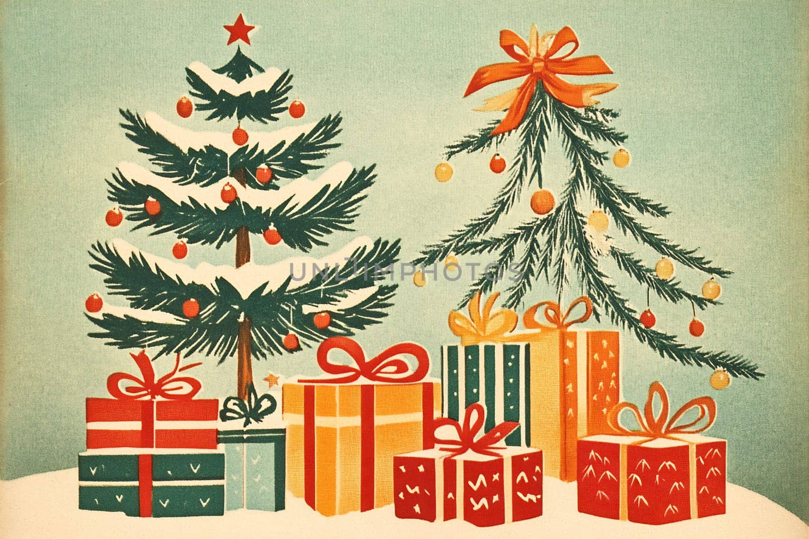 Two festive Christmas trees are decorated with ornaments and surrounded by vibrant gift boxes, creating a cheerful holiday atmosphere.