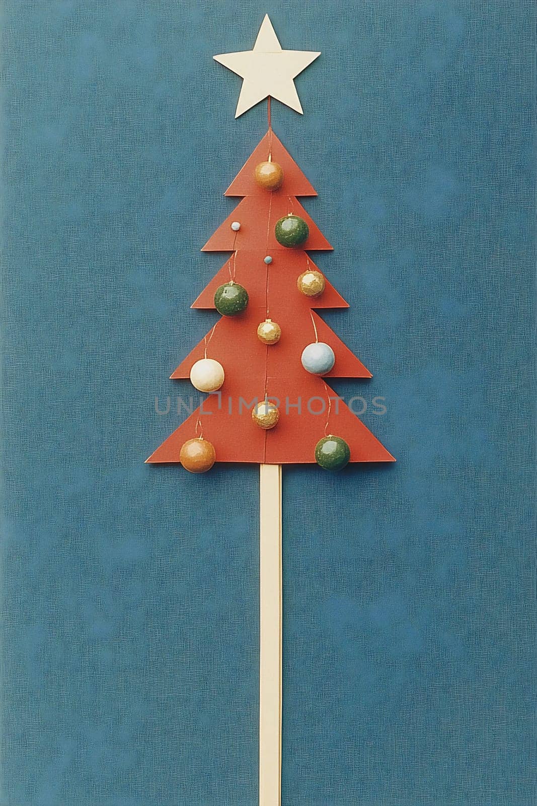 A handcrafted paper Christmas tree featuring colorful ornaments and a star, showcasing holiday spirit against a bright blue backdrop.