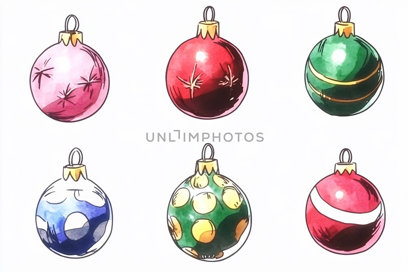A collection of six hand-drawn Christmas ornaments showcasing different colors and festive designs for holiday cheer.