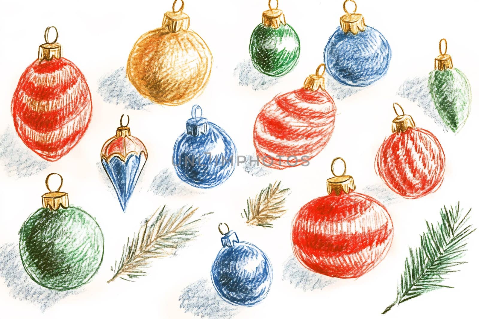 A variety of brightly colored ornaments featuring different designs are placed among green pine branches, evoking holiday spirit.