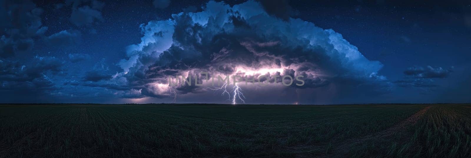 Powerful lightning strikes with dark blue storm clouds above the field. Scary lightning bolt in night sky.