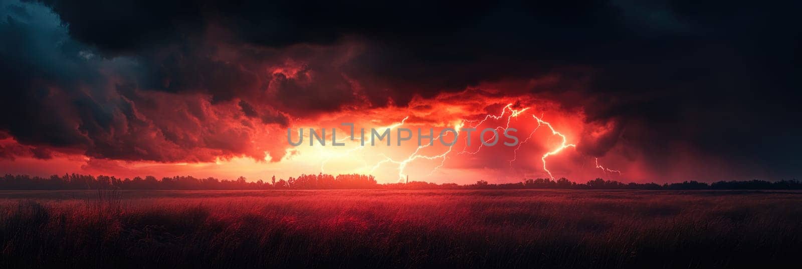 Powerful lightning strikes with dark red storm clouds above the field. Scary lightning bolt in night sky.