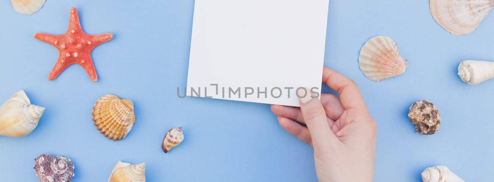 Creative long wide banner flat lay concept of summer travel vacations. Top view of seashells and starfish on pastel blue background with postcard mock up and copy space in minimal style, template