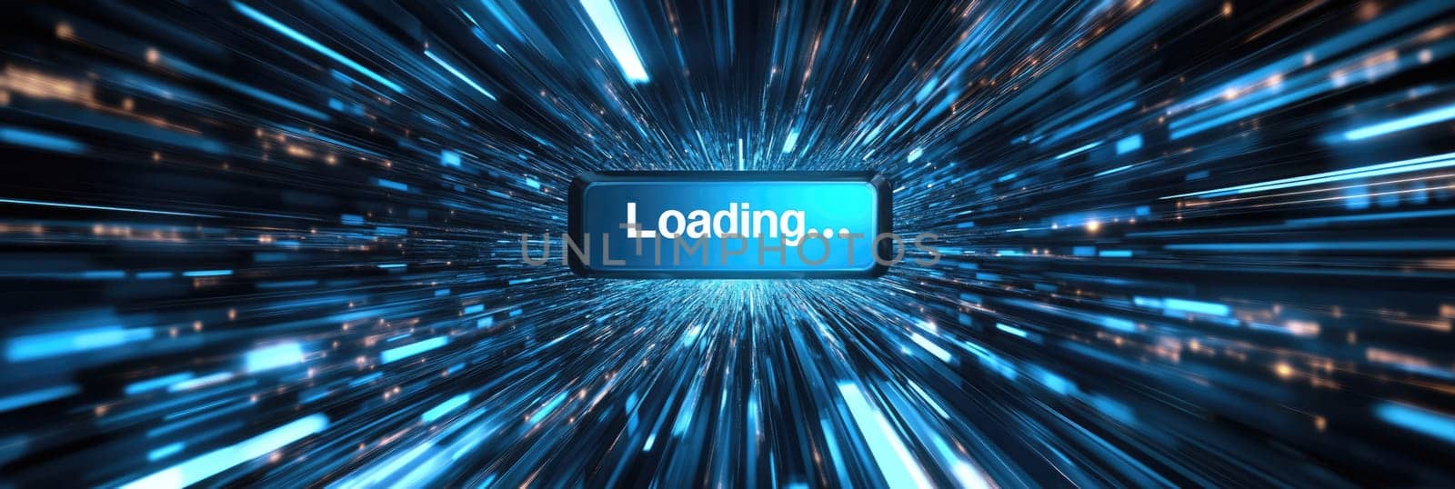 Loading word on black digital tech background. Blue lines on monitor screen. Data load concept, graphic design.