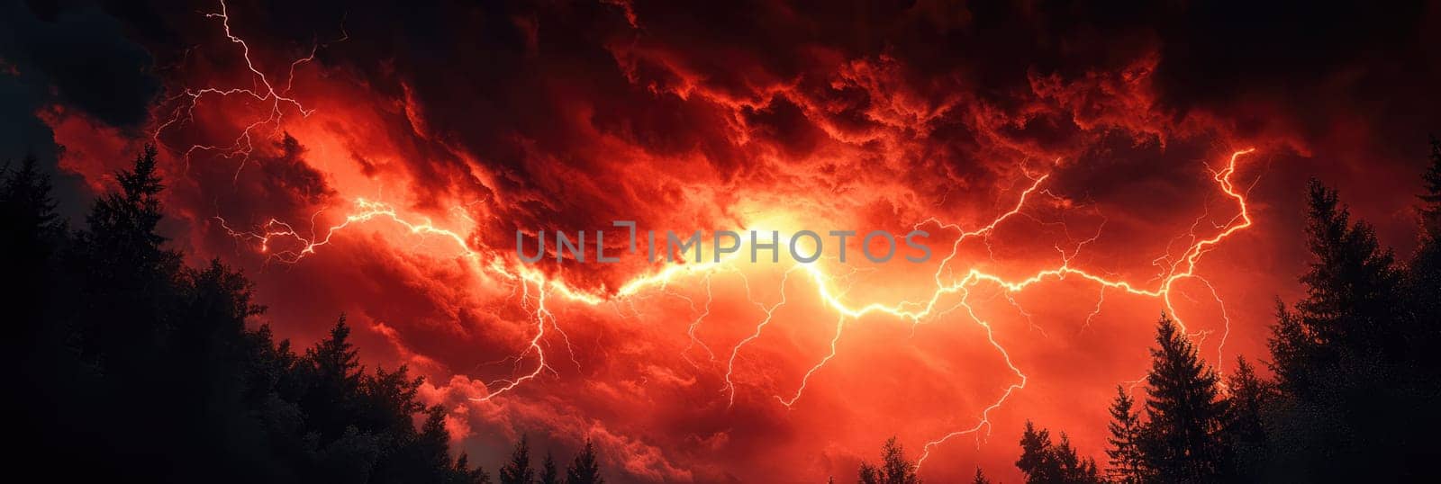 Powerful lightning strike with dark red storm clouds above the forest. Scary lightning bolt in the night sky.