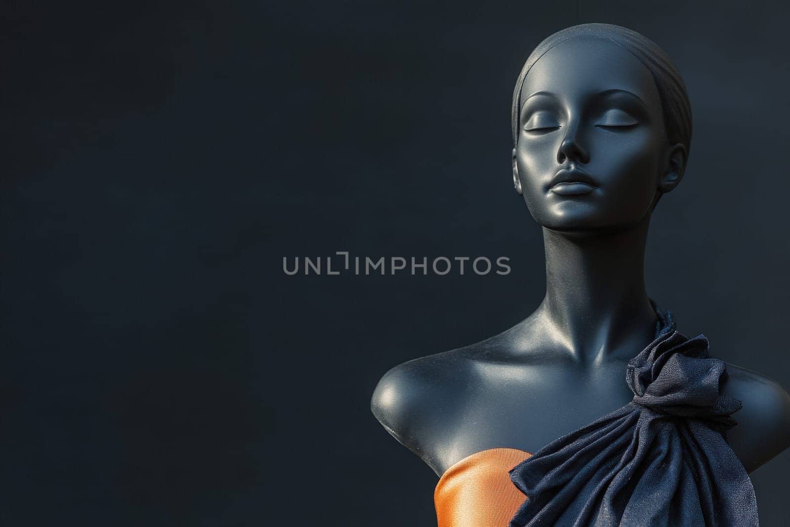 A sleek mannequin showcases a beautifully designed dress with an elegant color palette. The minimalist display emphasizes the fashion, highlighting the garments unique features and textures.