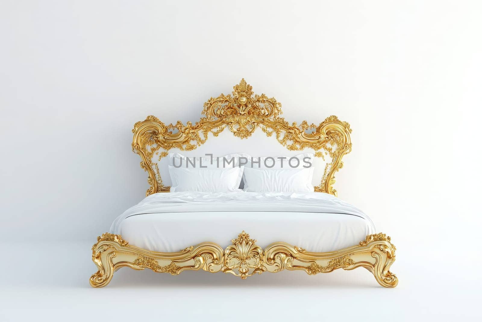 A stunning gold bed frame stands proudly in the center of a minimalist space. The intricate design combined with plush white bedding creates a refined and opulent atmosphere for relaxation.