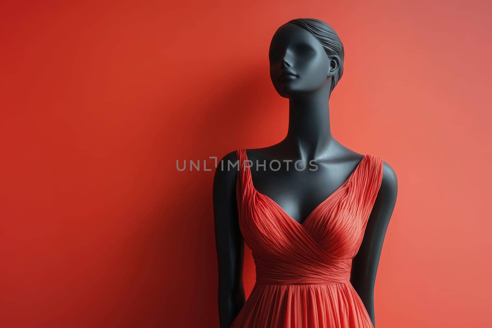 A sleek black mannequin showcases a beautiful red dress in a minimalist setting. The vibrant orange wall creates a striking contrast, highlighting the dresss elegant design.