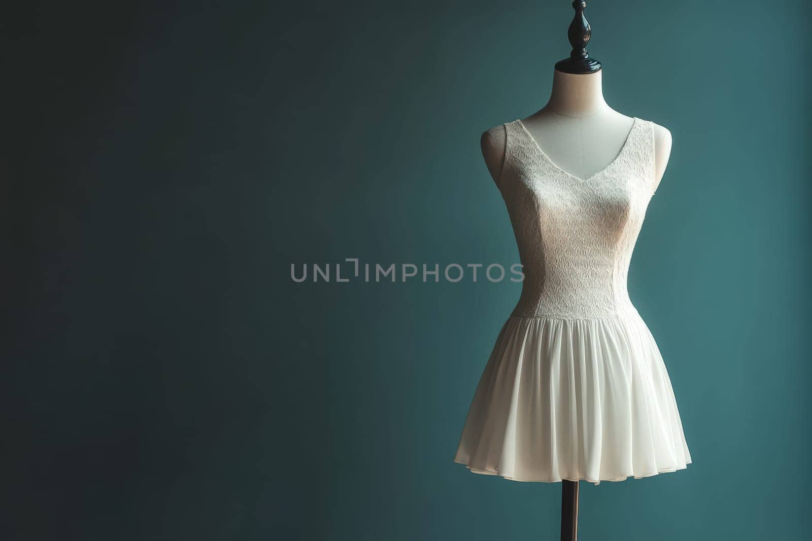 A stylish mannequin showcases a simple white dress against a calm, muted background, highlighting elegance and modern design. The setup emphasizes minimalism and fashion allure.