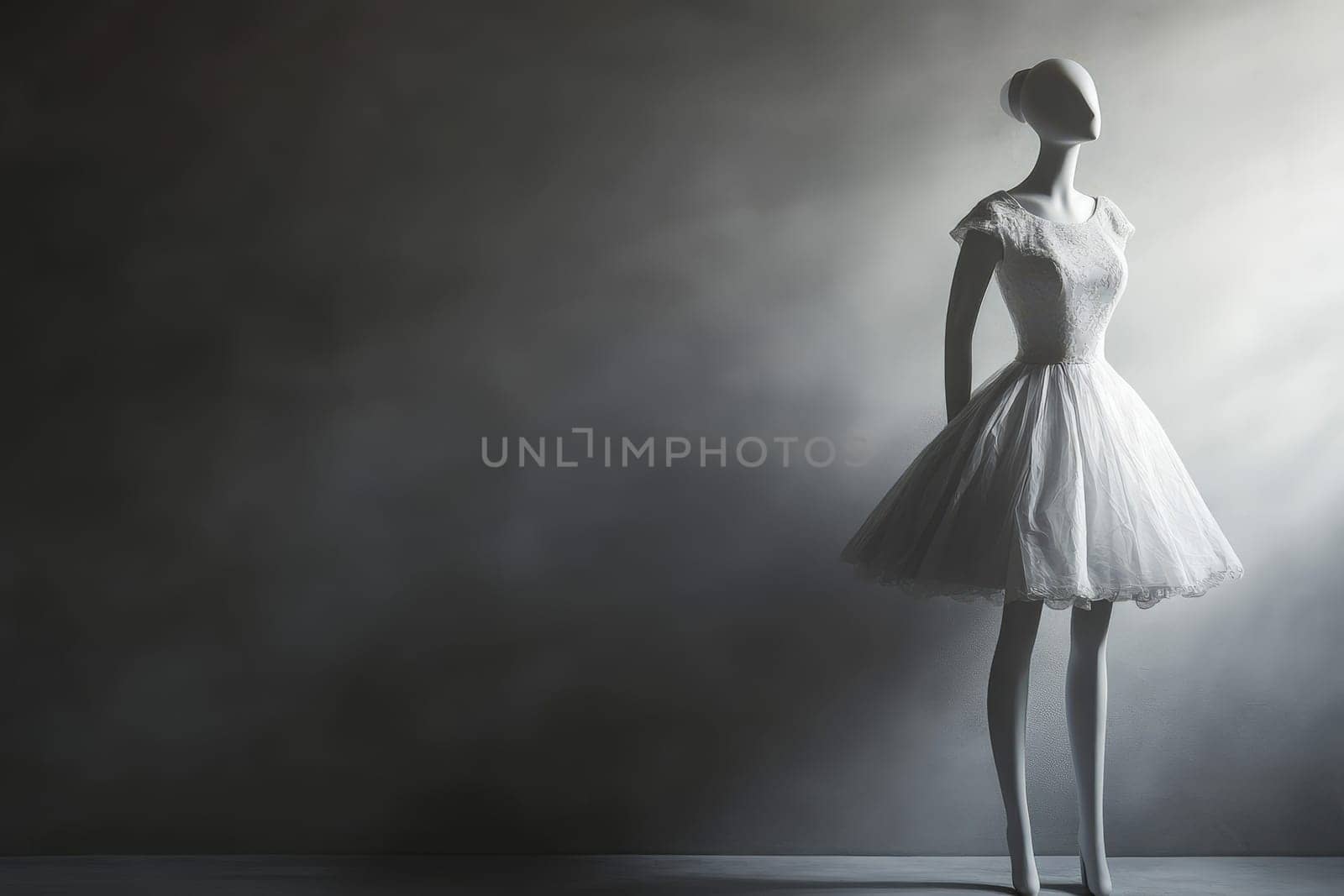 A stylish mannequin stands in a softly illuminated space, showcasing a beautiful dress with lace details. The clean and minimalist design highlights the elegance of the outfit seamlessly.