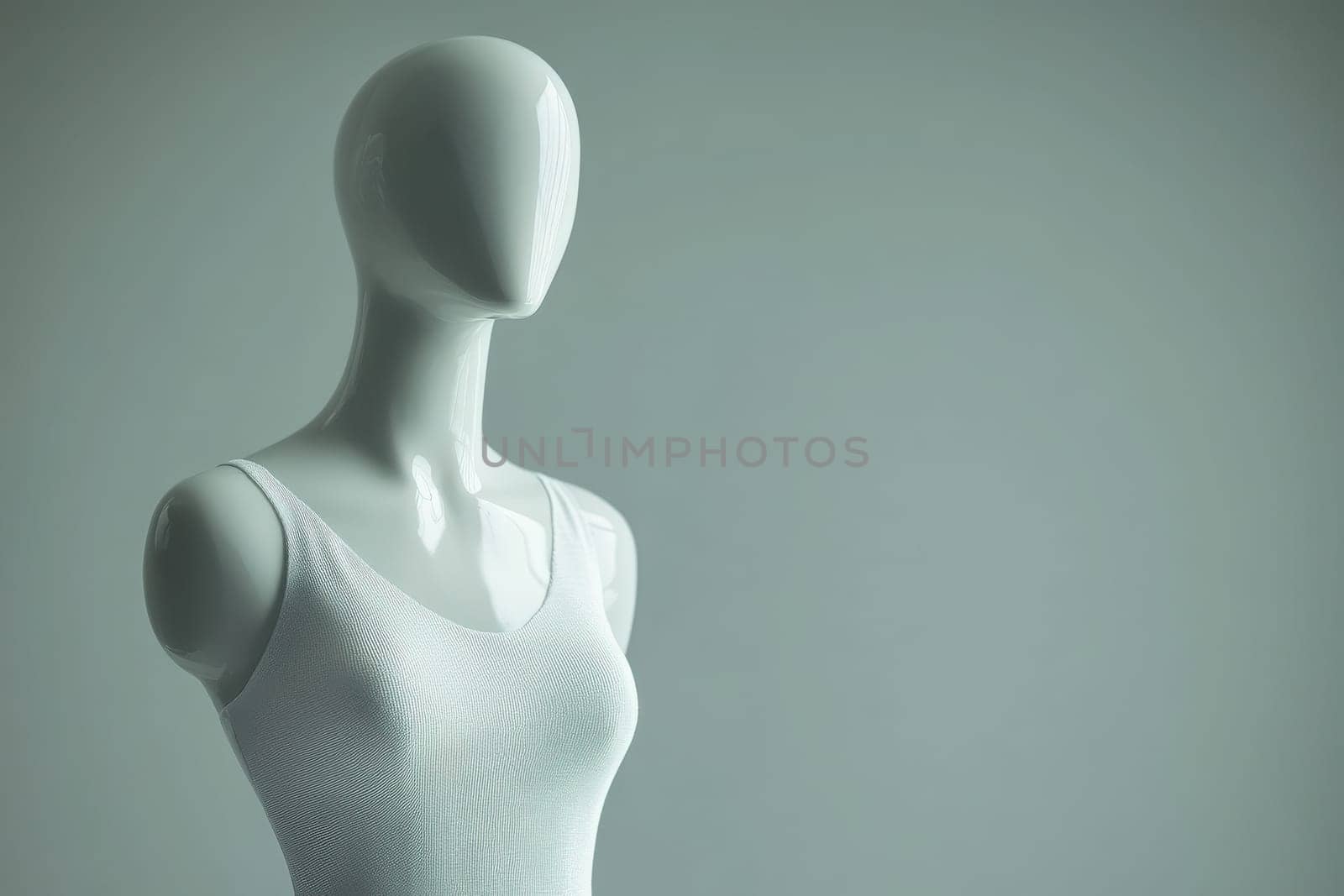 The mannequin stands elegantly against a plain backdrop, showcasing a simple yet chic dress design in a minimalist style. Perfect for a contemporary fashion display.