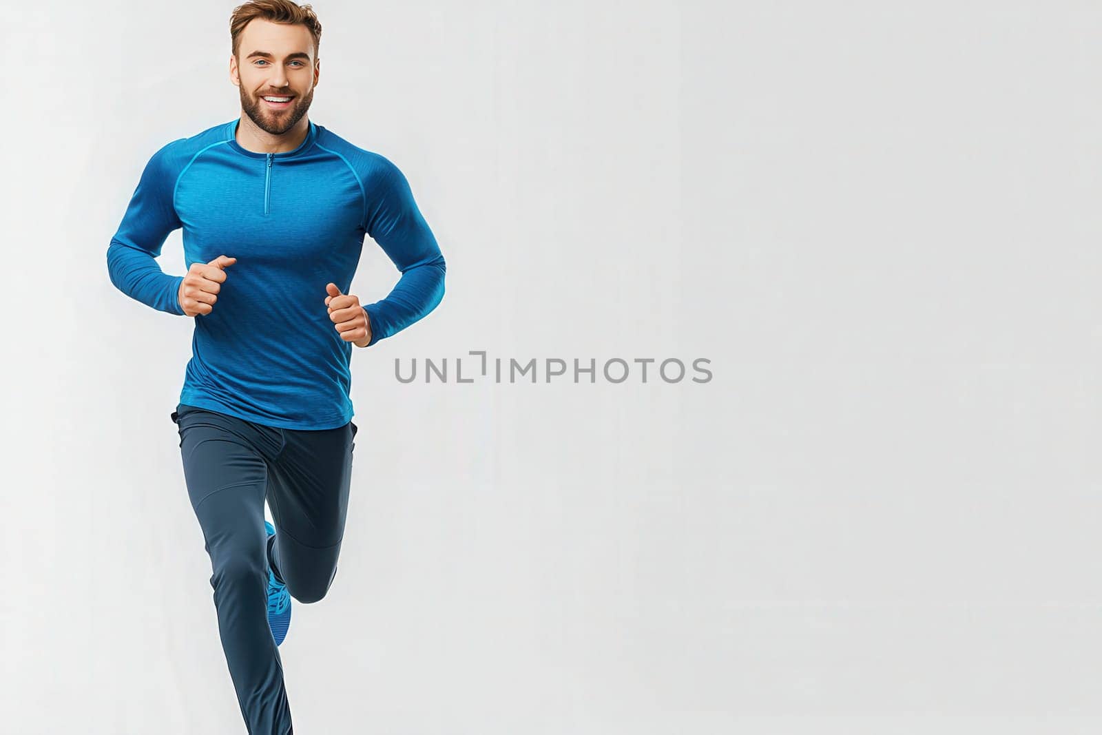 A man is seen running with enthusiasm against a pristine white background. He is dressed in a blue athletic top and dark pants, showcasing his dedication to fitness and healthy living.