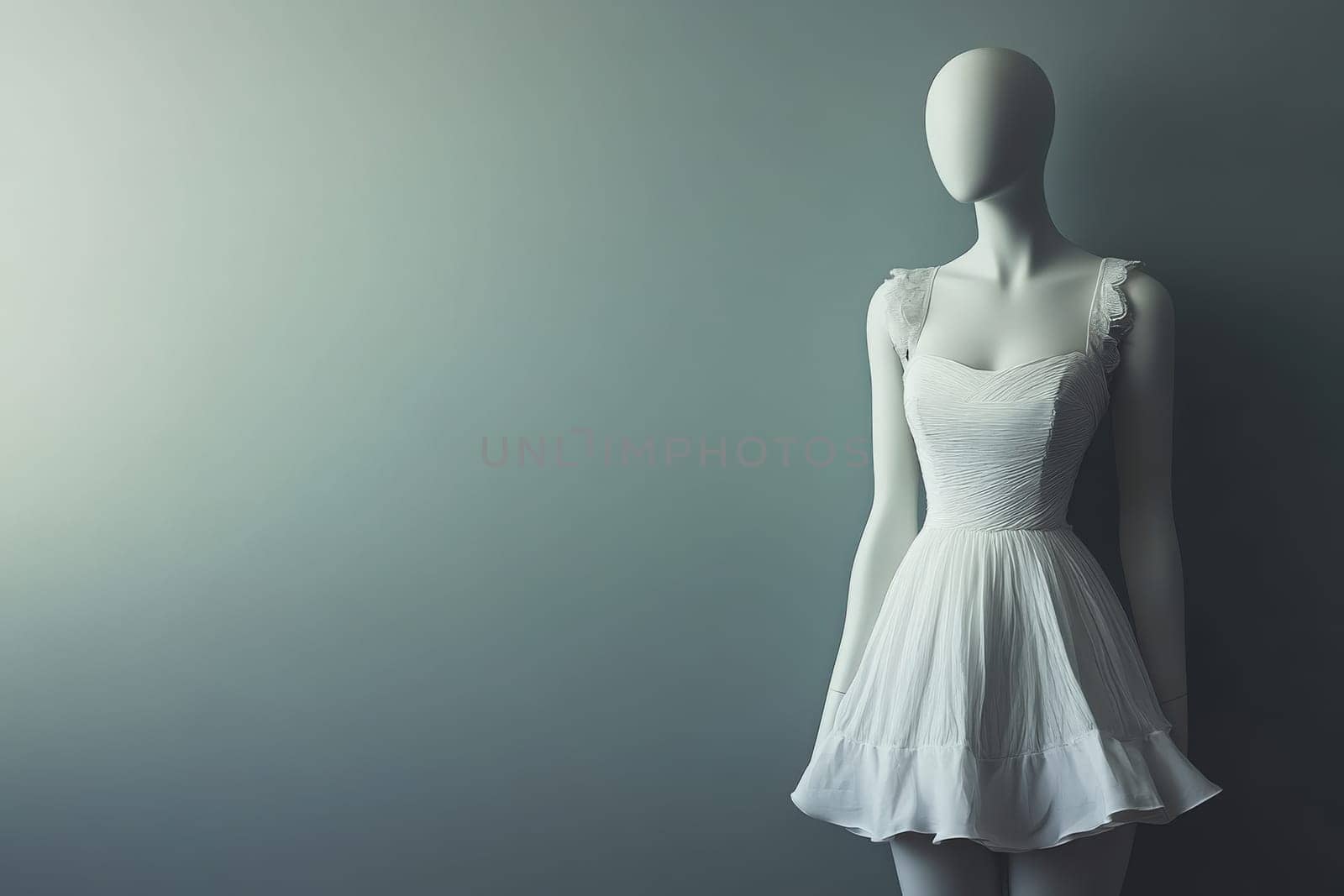 A sleek mannequin dressed in a simple white dress stands elegantly against a soft gray backdrop in a retail setting. The minimalist design emphasizes the dresss delicate features.