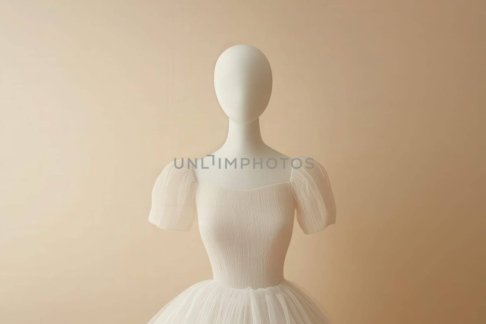 A sleek mannequin elegantly displays a white dress with puffed sleeves, set against a soft, neutral backdrop. The minimalist design emphasizes the dresss delicate details.