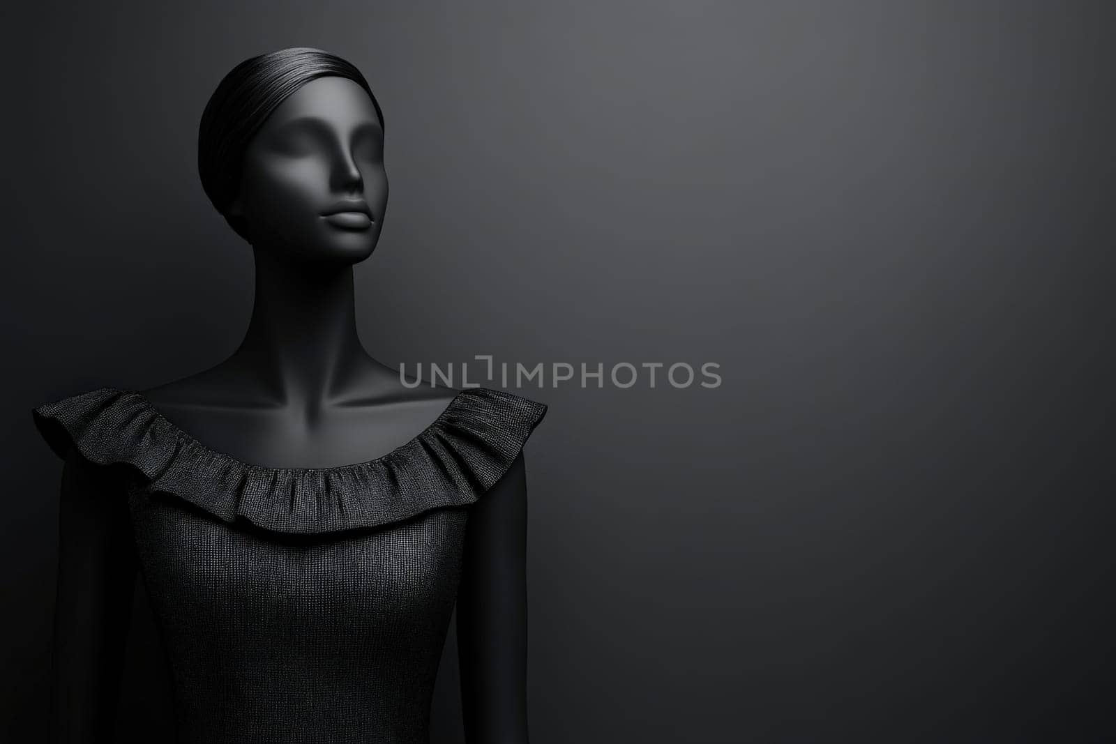 The display features a stylish mannequin dressed in a sophisticated garment, set against a dark, minimalist backdrop in a fashion studio, highlighting the garments elegant design.