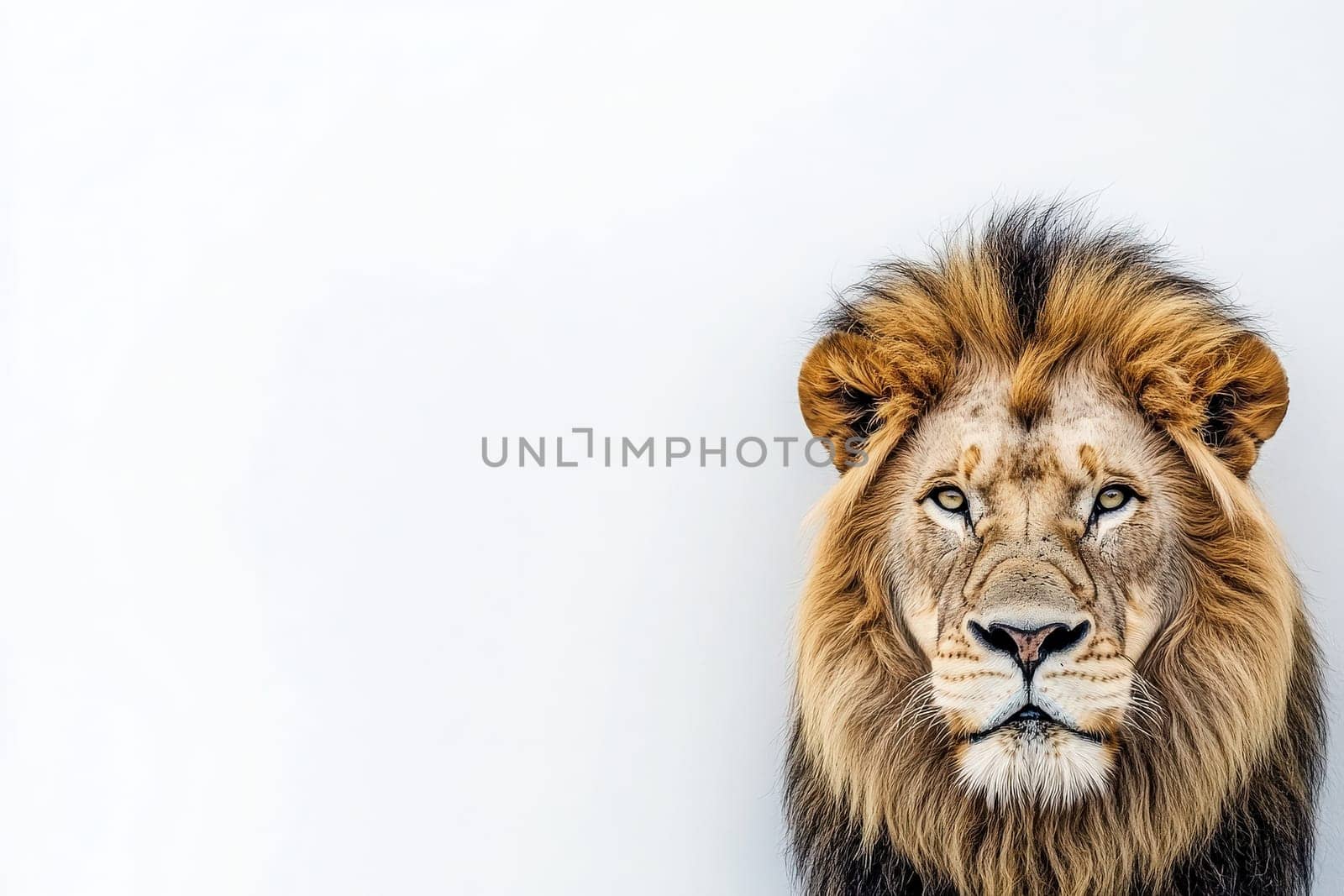 A lion stands alone, exuding strength and confidence. Its piercing eyes and majestic mane capture the essence of wild beauty in a clean, simple environment.