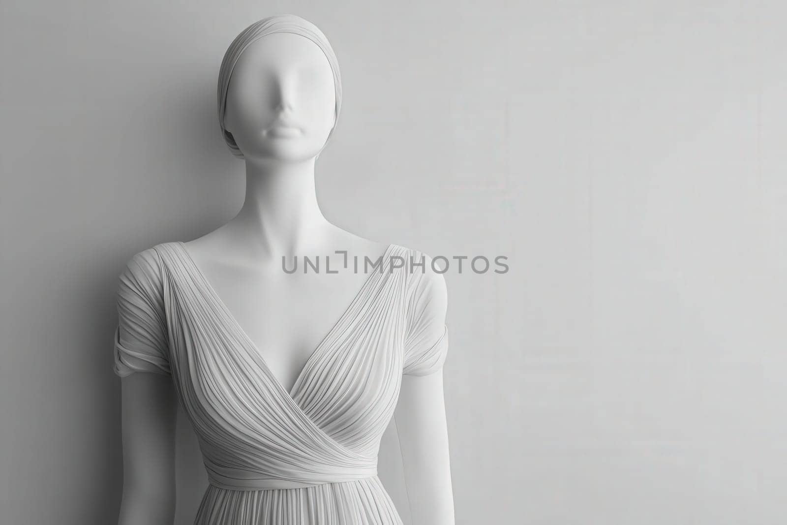 A sleek mannequin displays a beautiful minimalist dress, highlighting the gentle lines and textures of the fabric. The soft gray wall enhances the elegance of the design.
