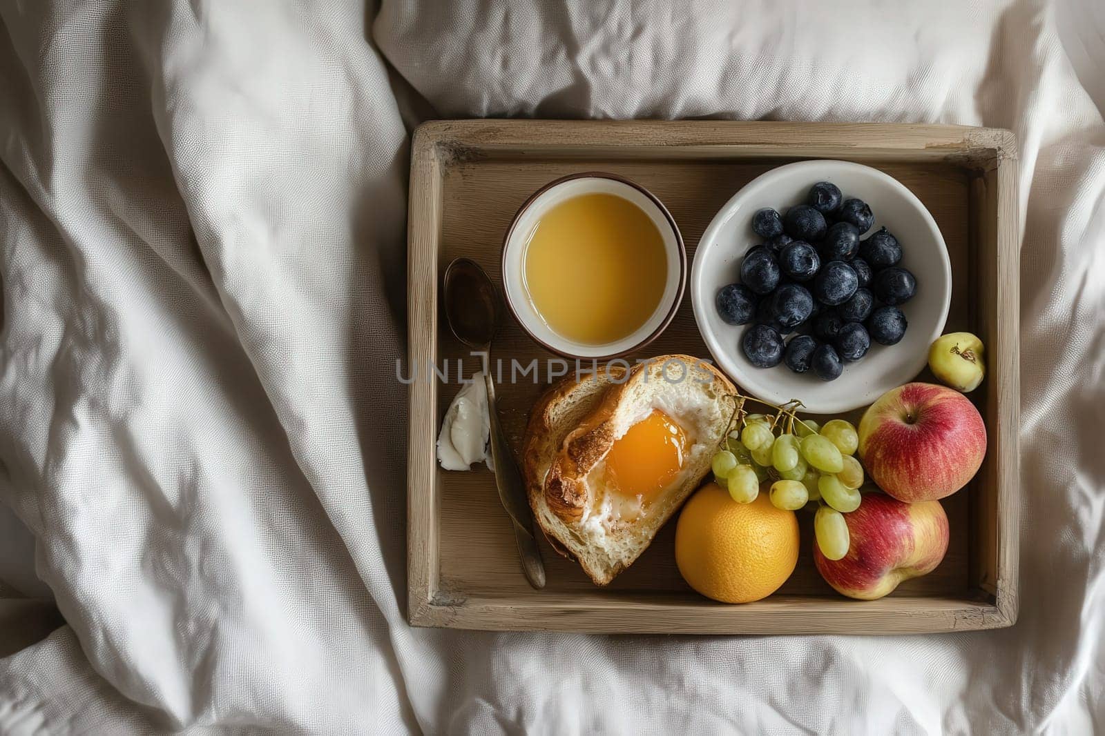 A minimalist breakfast tray rests on a bed with soft linens.