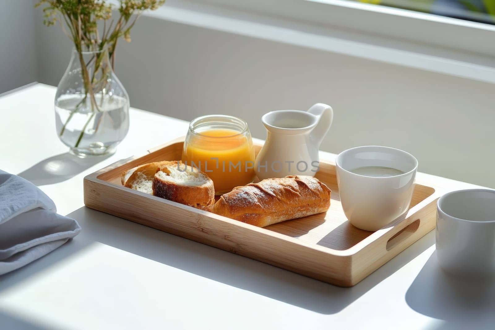 A serene breakfast tray holds a variety of simple foods, including fresh bread, a jar of juice, and milk, all placed near a window with gentle sunlight illuminating the setting.