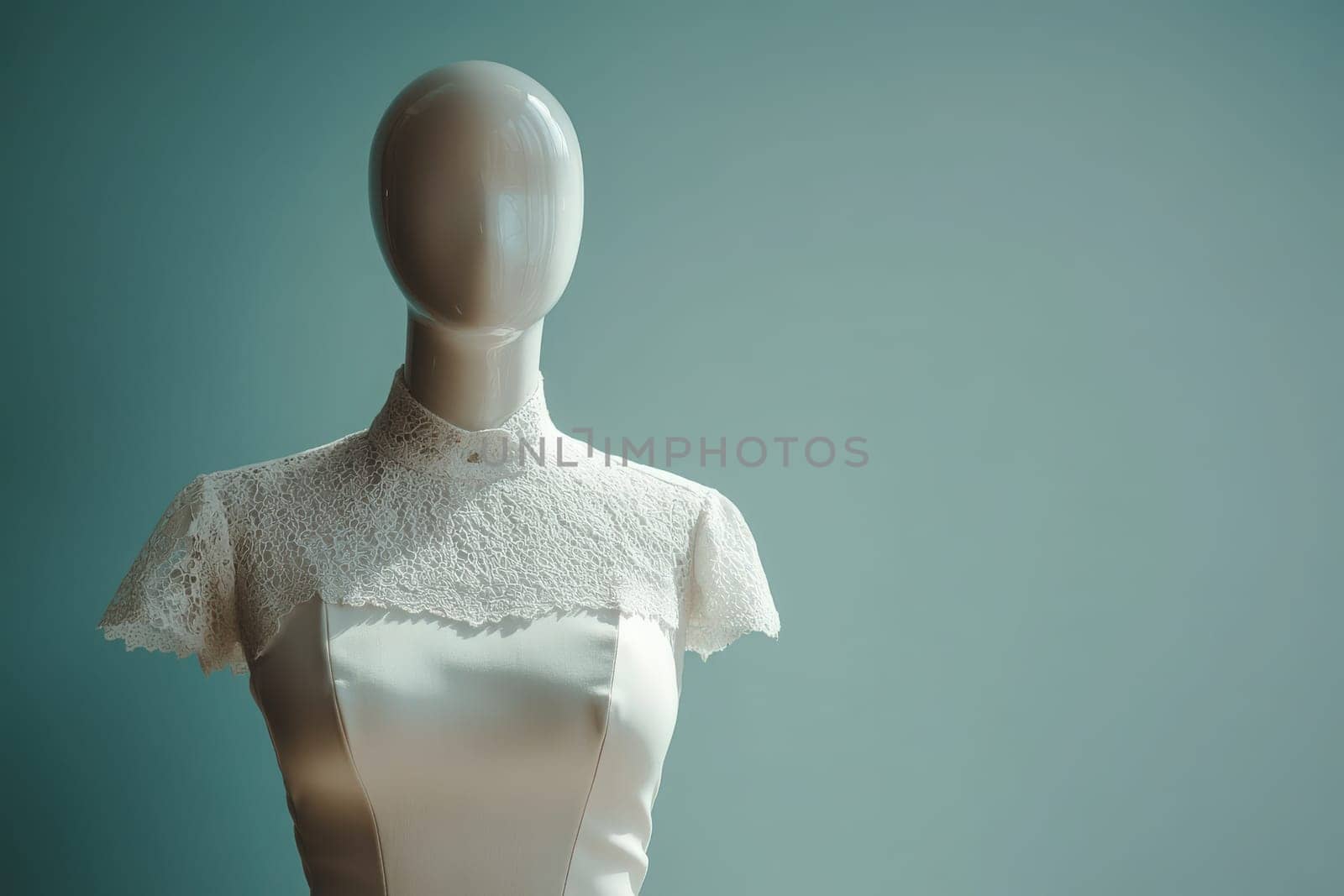 A stylish mannequin displays a beautiful lace dress, highlighting clean lines and minimalist design. The soft blue background enhances the elegance and simplicity of the garment.