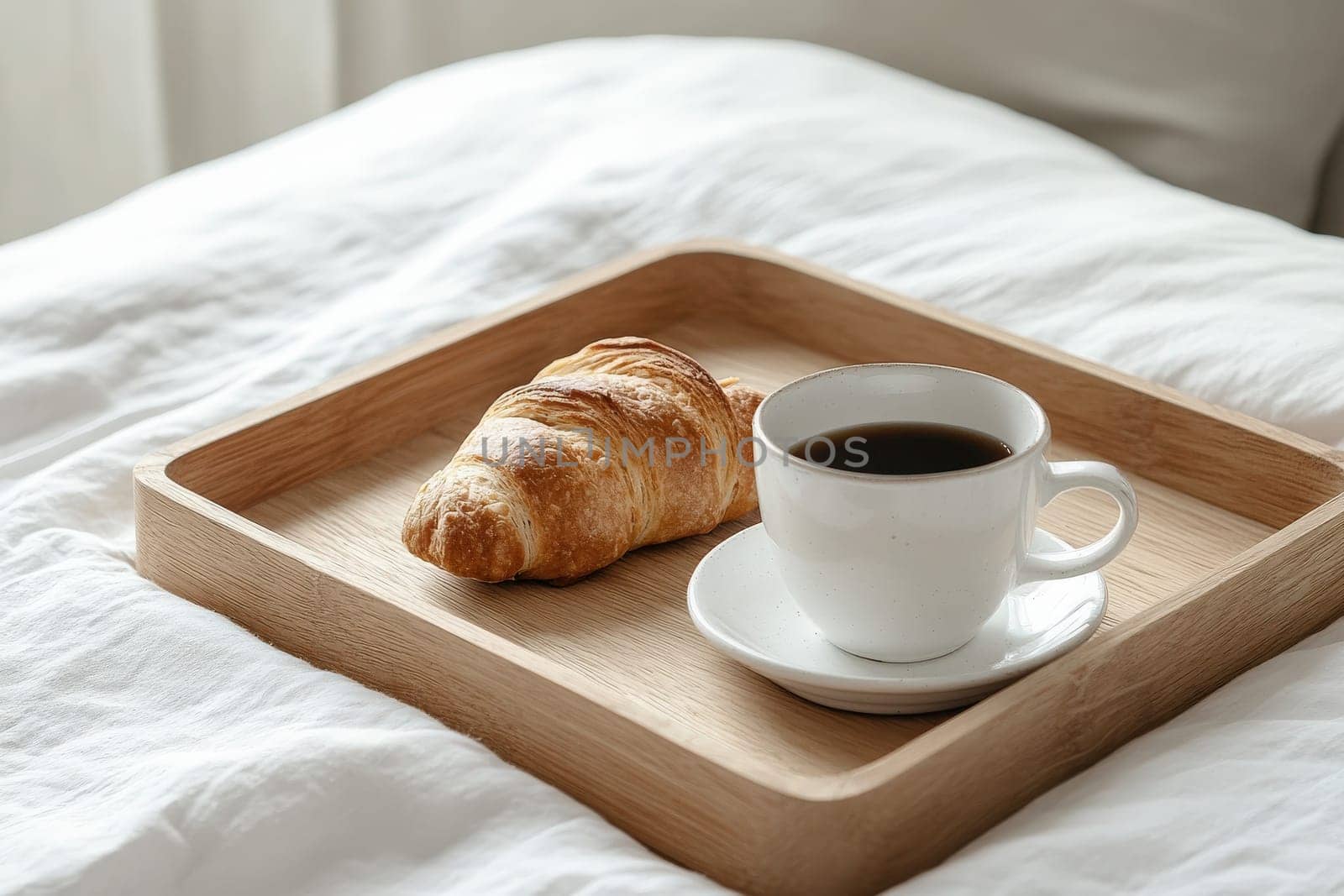 A simple breakfast tray features a freshly baked croissant and a steaming cup of coffee, set against a soft, white bedspread. The scene evokes a sense of calm and relaxation to start the day.