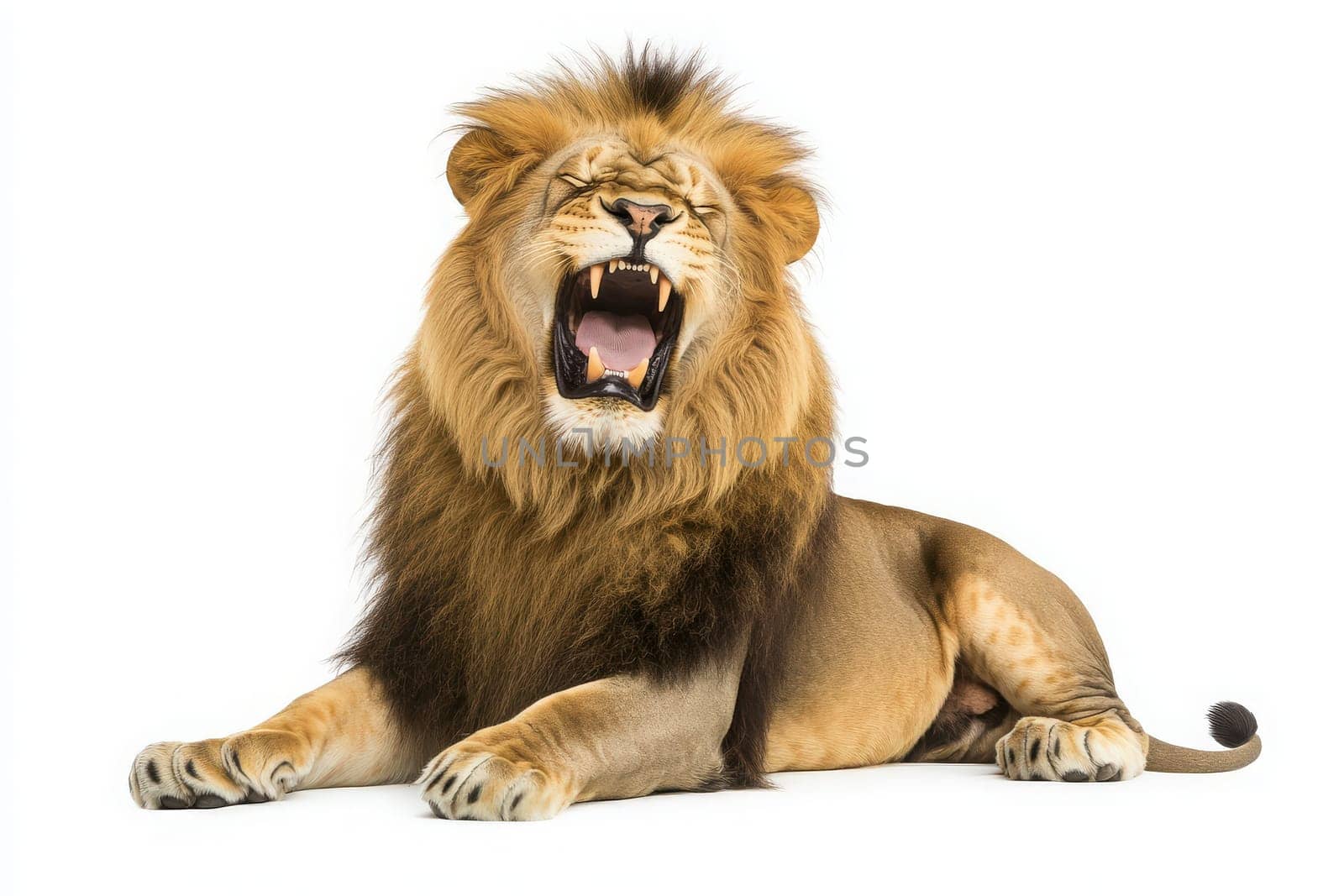 A majestic lion is depicted in a powerful roar, showcasing its impressive mane and strong physique. The animal is isolated against a plain white background, emphasizing its regal presence.