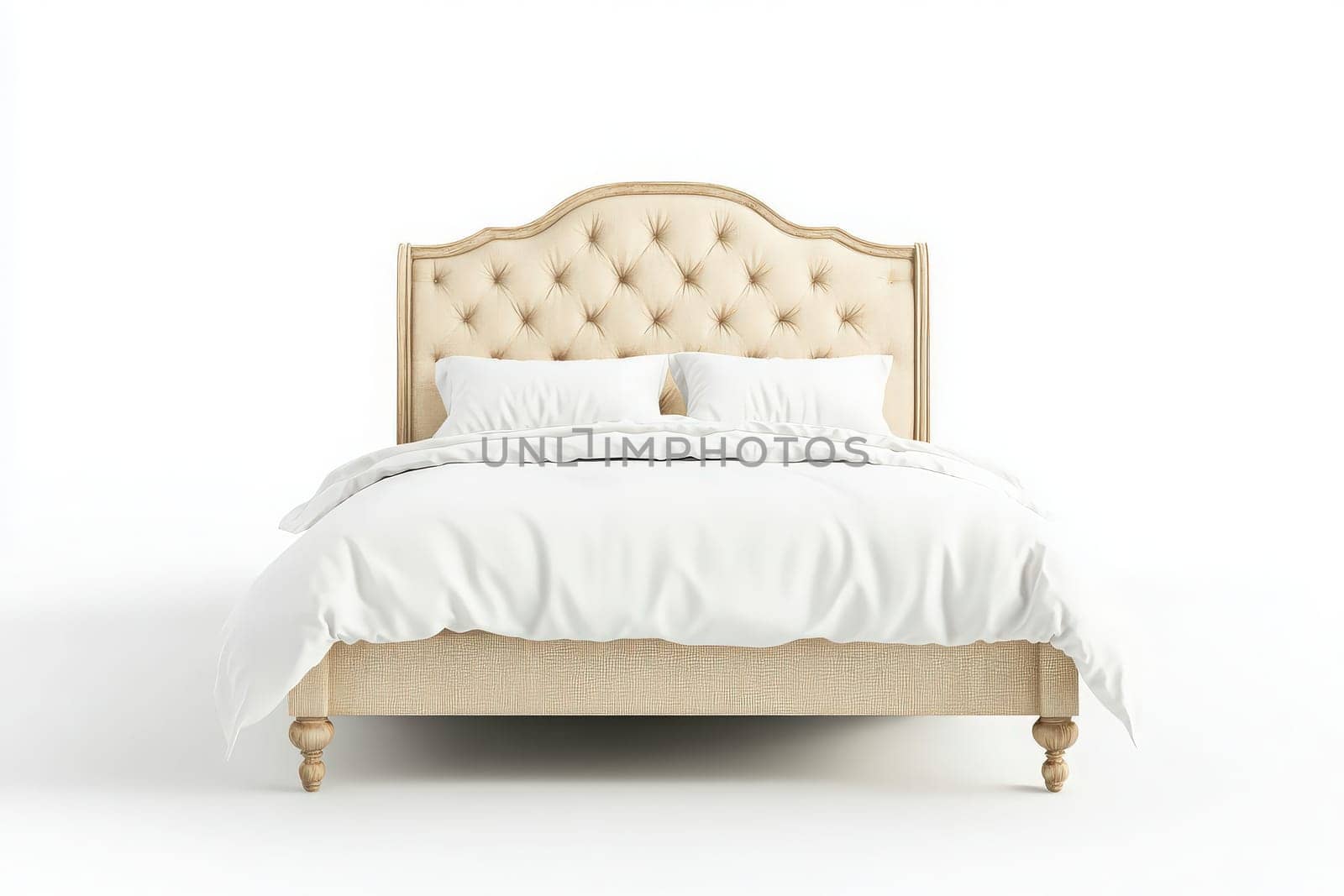 This luxurious bed frame, featuring a stylish tufted headboard, is positioned centrally against a white background. Soft white bedding enhances the sophisticated look of the decor.