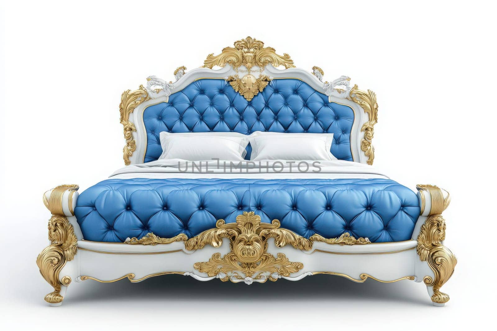 A stunning luxury bed frame features rich blue leather upholstery paired with ornate gold accents, standing elegantly isolated on a clean, bright background. This refined piece embodies opulence.