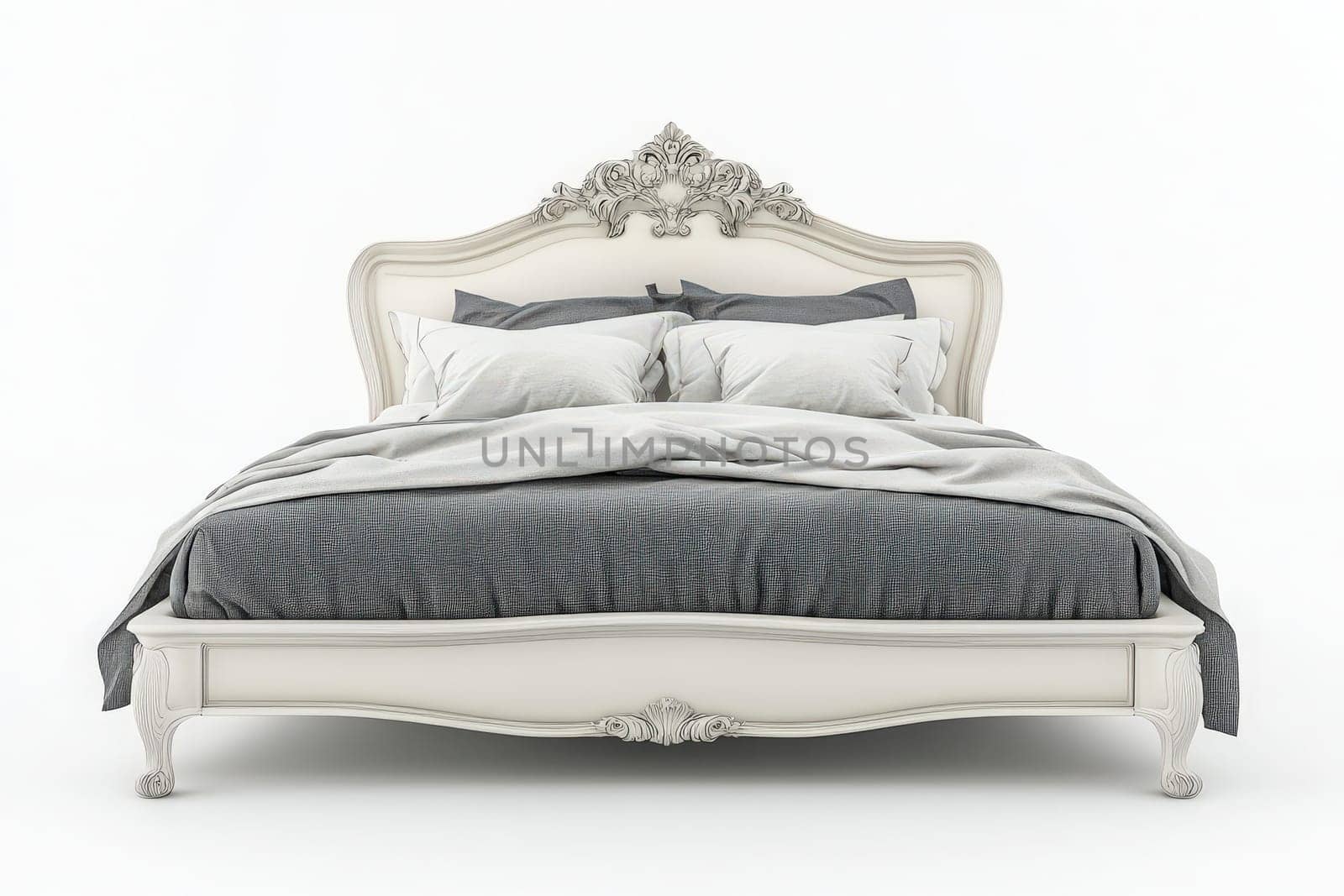 A beautifully designed luxury bed frame is showcased in the center, featuring ornate details and soft gray bedding, creating a serene and inviting atmosphere in a minimalist setting.