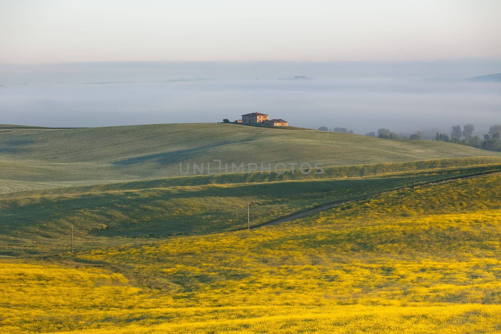 Morning fog view on farmhouse at Valley d?Orcia in Tuscany, Italy.Ê