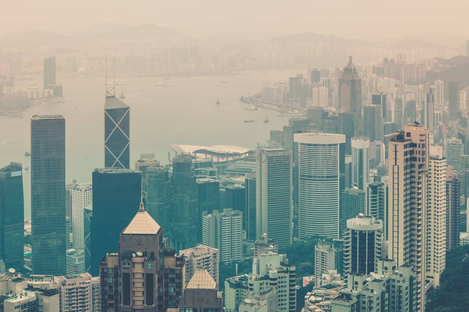 Haze Hong Kong downtown view from Victoria peak. Filtered shot
