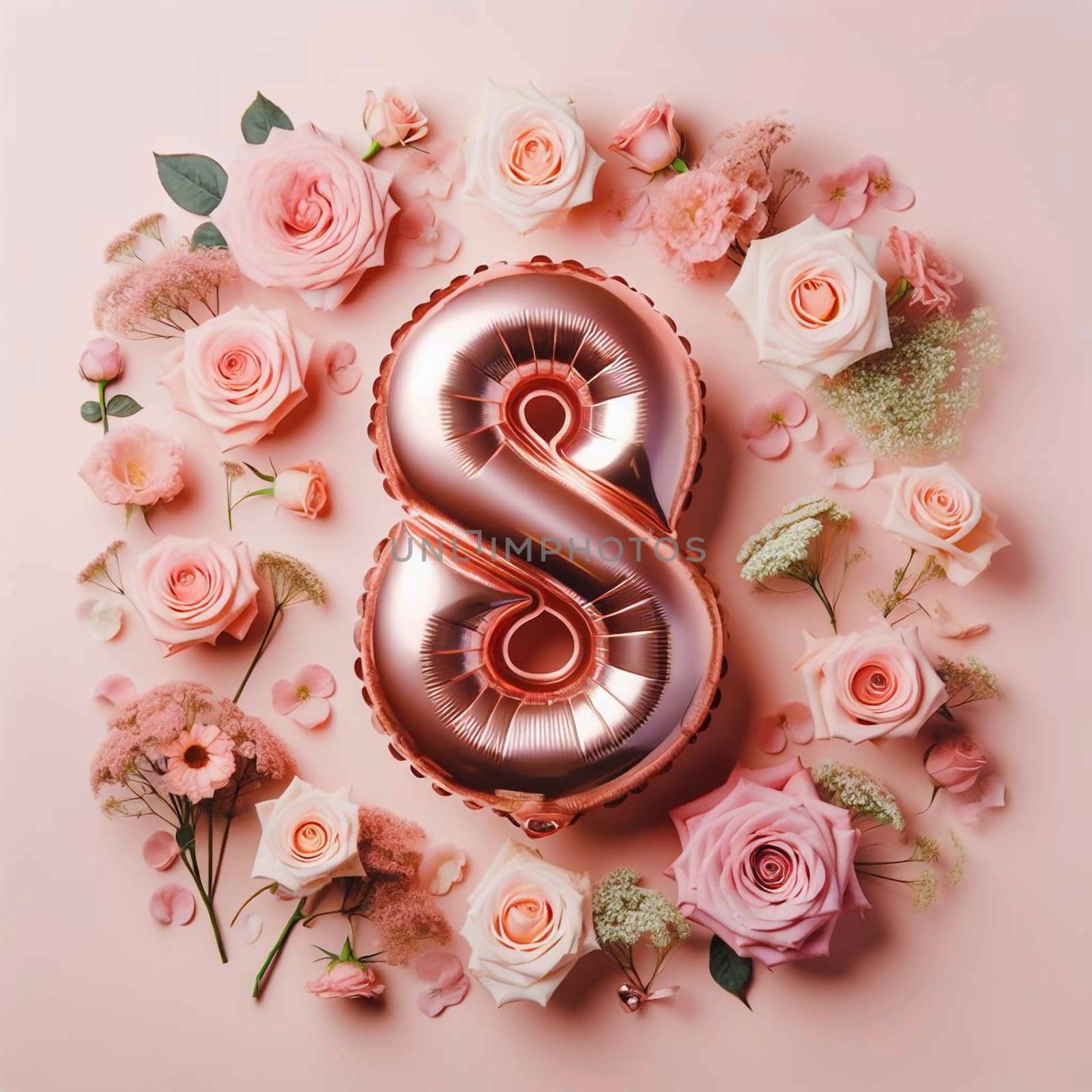 A pink balloon in the shape of the number eight is surrounded by pink roses and petals on a pink background. The scene is a celebration of International Women's Day. High quality photo