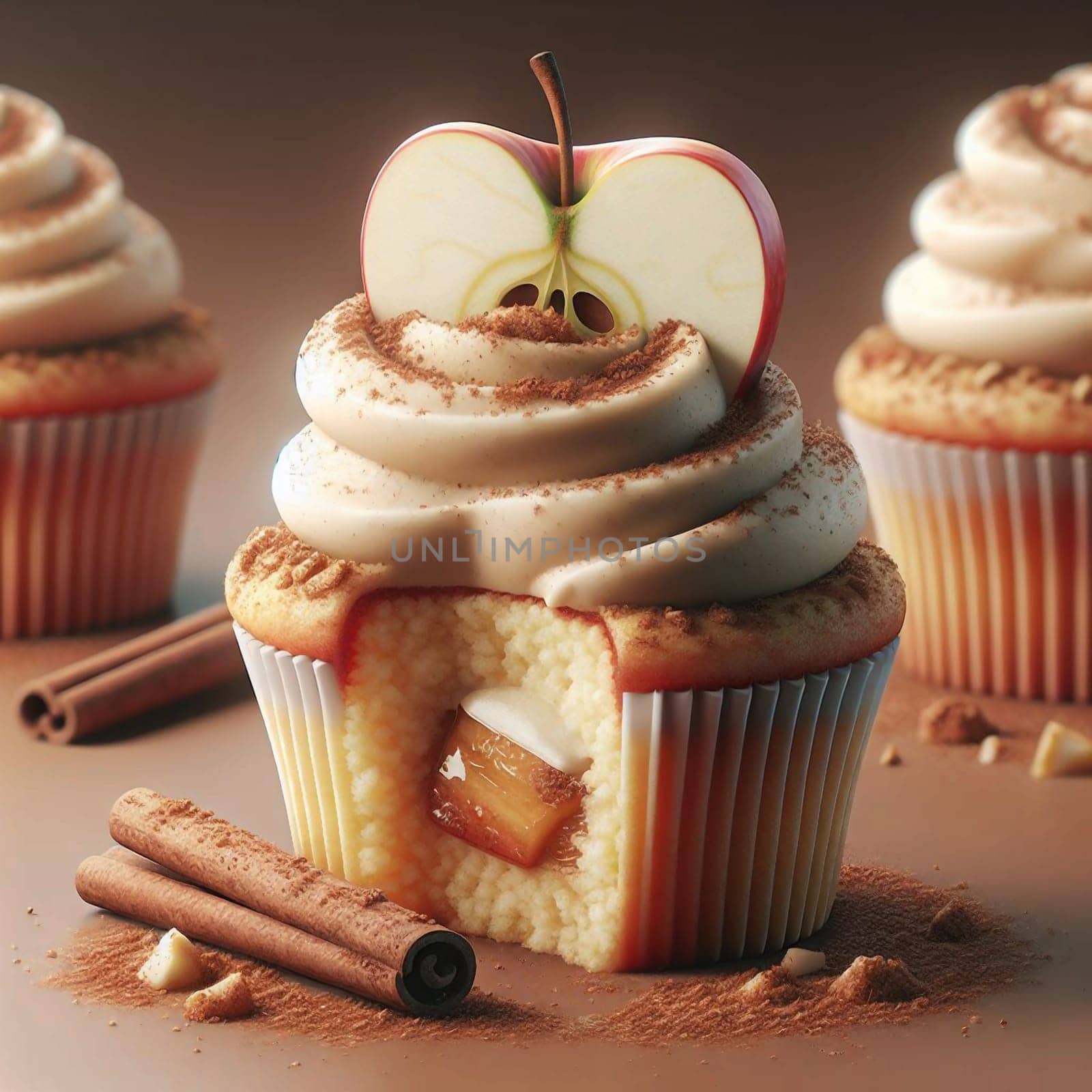 A cupcake with apple filling, topped with apple slices, cinnamon, and vanilla frosting. The cupcake is cut open, revealing the caramel filling. High quality photo
