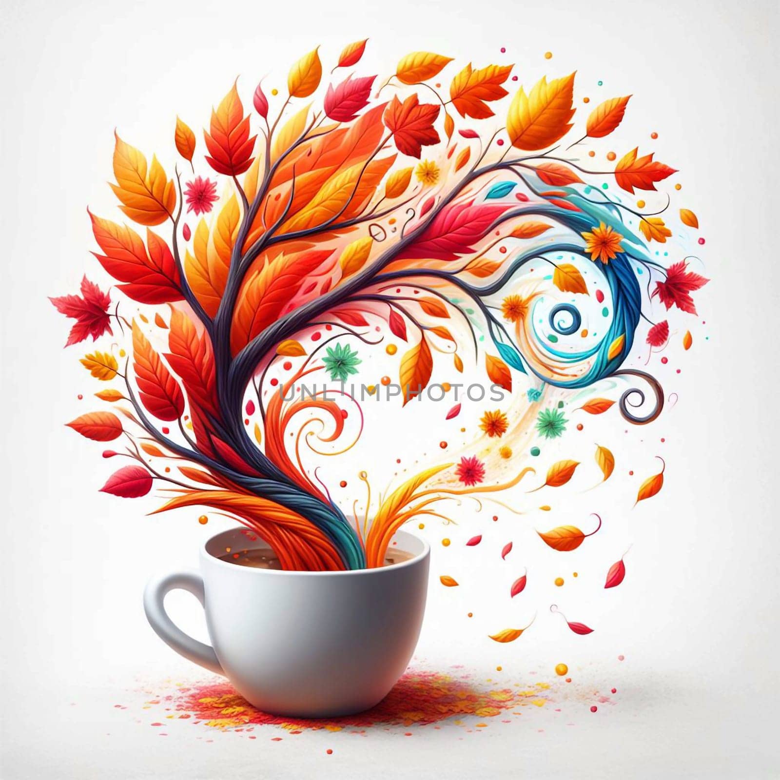 A white coffee cup with a swirling, colorful tree growing out of it. The tree has orange, yellow, and red leaves, symbolizing the changing seasons. High quality photo