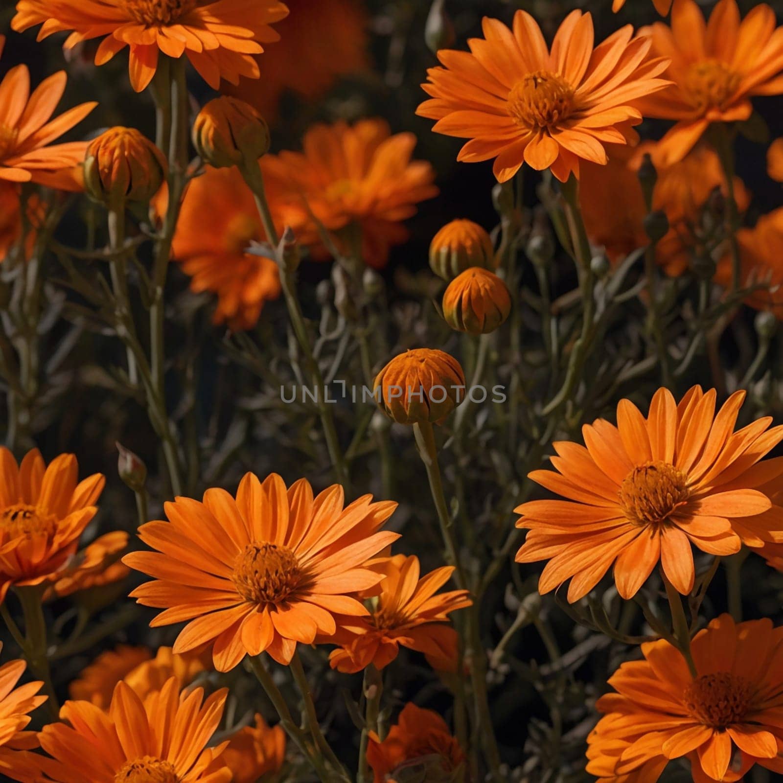 Close-up shot of orange daisies with green leaves. The flowers are in focus, with the leaves slightly blurred. High quality photo