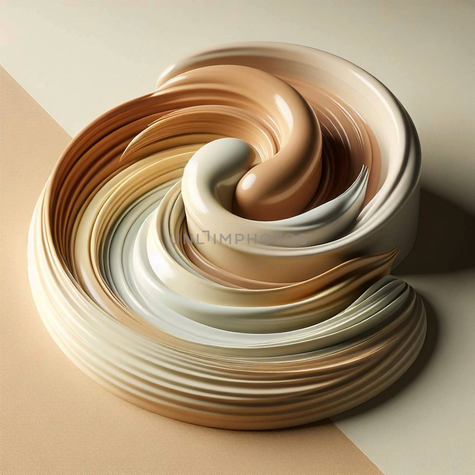 Abstract swirls of foundation makeup in shades of beige, brown, and white. The swirls are arranged in a circular pattern, creating a dynamic and textured effect. High quality photo