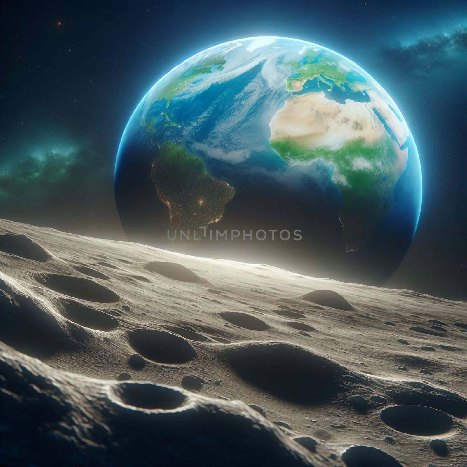 A view of the Earth from the surface of the moon. The Earth is a bright blue and green sphere with swirling clouds, set against a dark starry sky. High quality photo