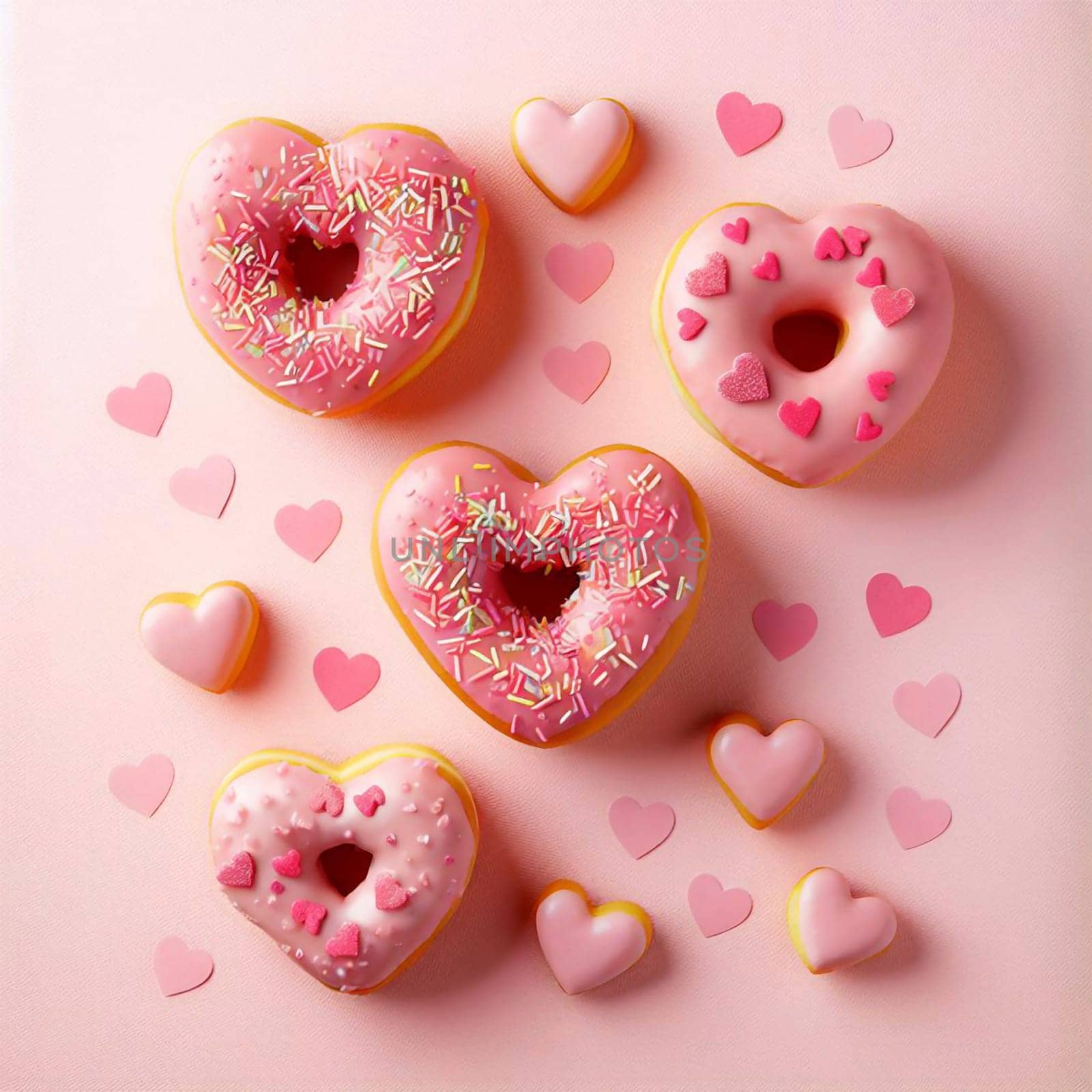 Four pink heart-shaped donuts with sprinkles and pink hearts on a pink background. The donuts are arranged in a pattern, creating a sweet and romantic scene. High quality photo