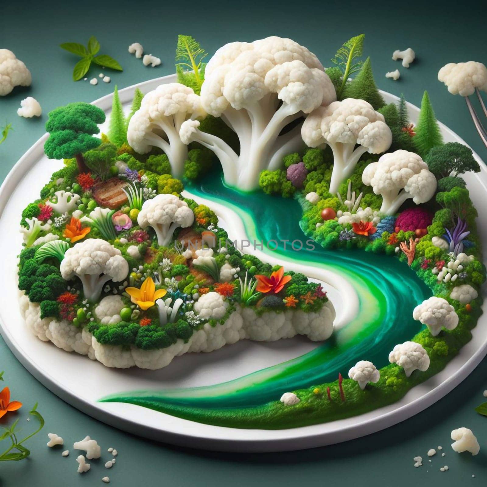 A plate with a cauliflower forest scene. The caulifower florets are arranged to look like trees and a river made of yogurt flows through the center. High quality photo