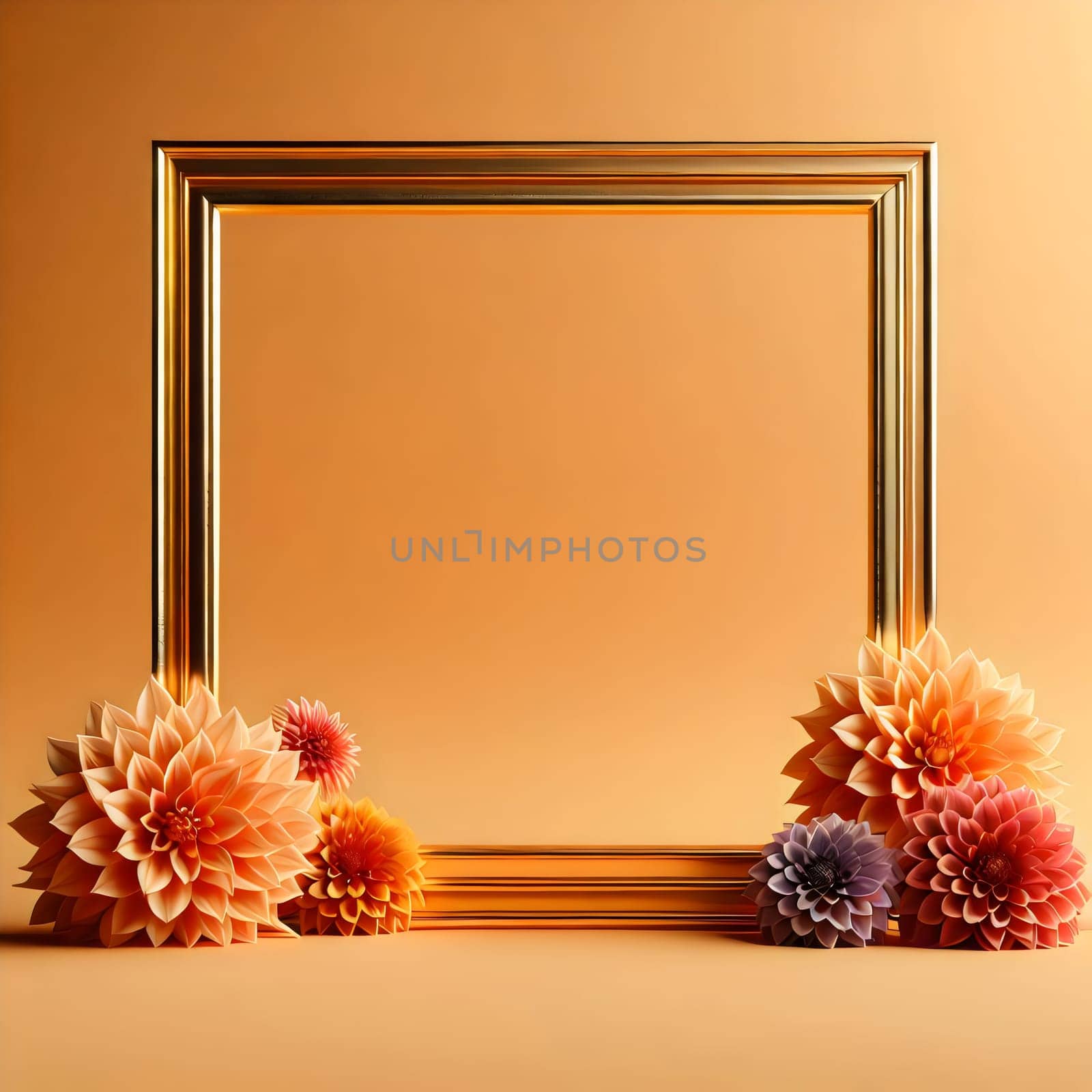 A golden frame with a blank space in the center, surrounded by dahlias in shades of orange, pink, and purple. The flowers are arranged around the frame. High quality photo