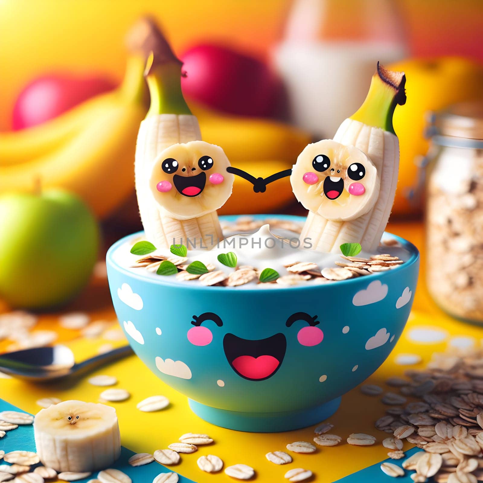A blue bowl with a happy face, filled with yogurt, granola, and two banana halves with happy faces. Other fruits and granola are visible in the background. High quality photo