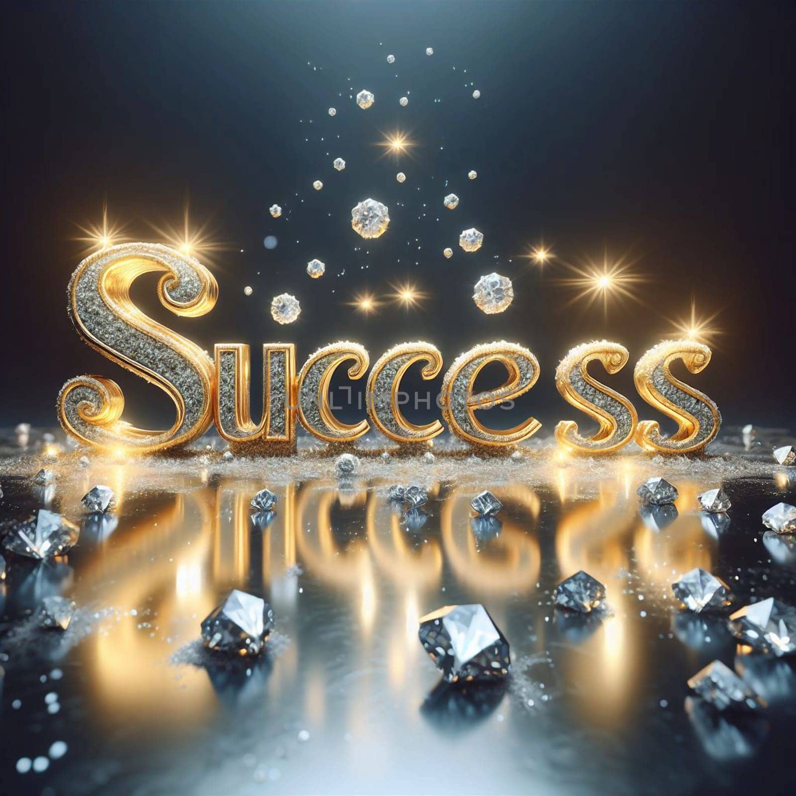 The word Success is rendered in a golden, sparkling font, with diamonds scattered around it. The word is reflecting on a dark, reflective surface. High quality photo