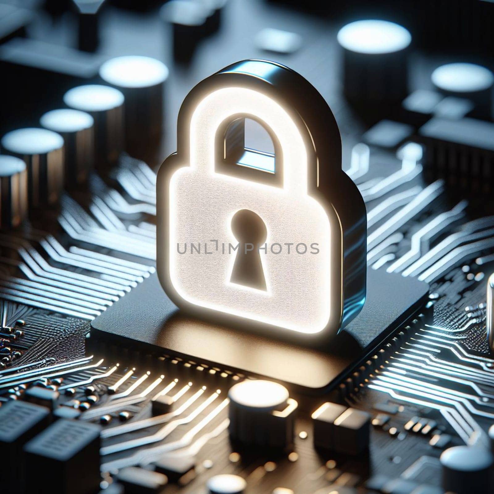 A glowing padlock icon on a circuit board, symbolizing cyber security and data protection. High quality photo