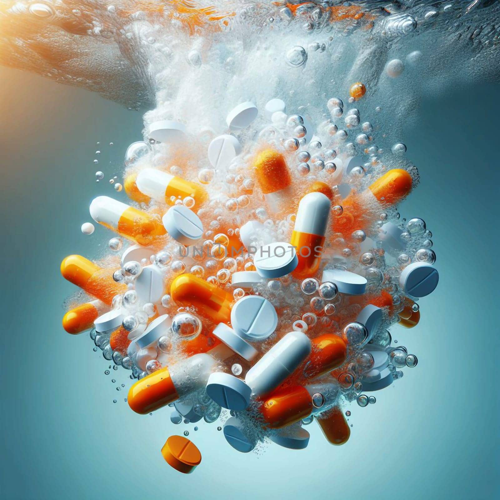 A group of pills and capsules falling into water with bubbles and a light shining through the water. High quality photo