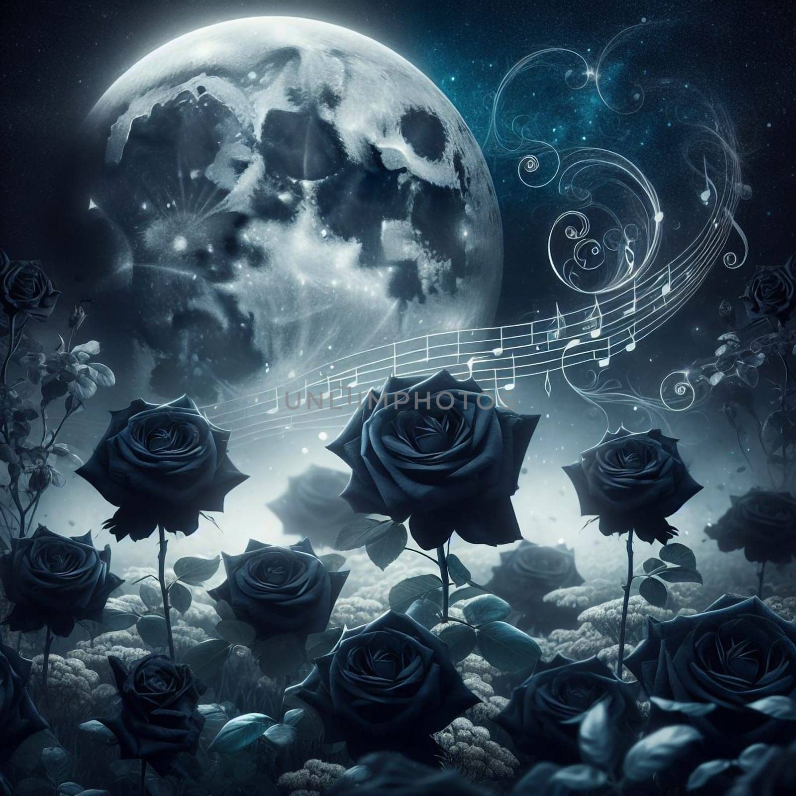 A field of black roses in the moonlight, with music notes swirling around them. The scene is dreamy and mysterious. High quality photo