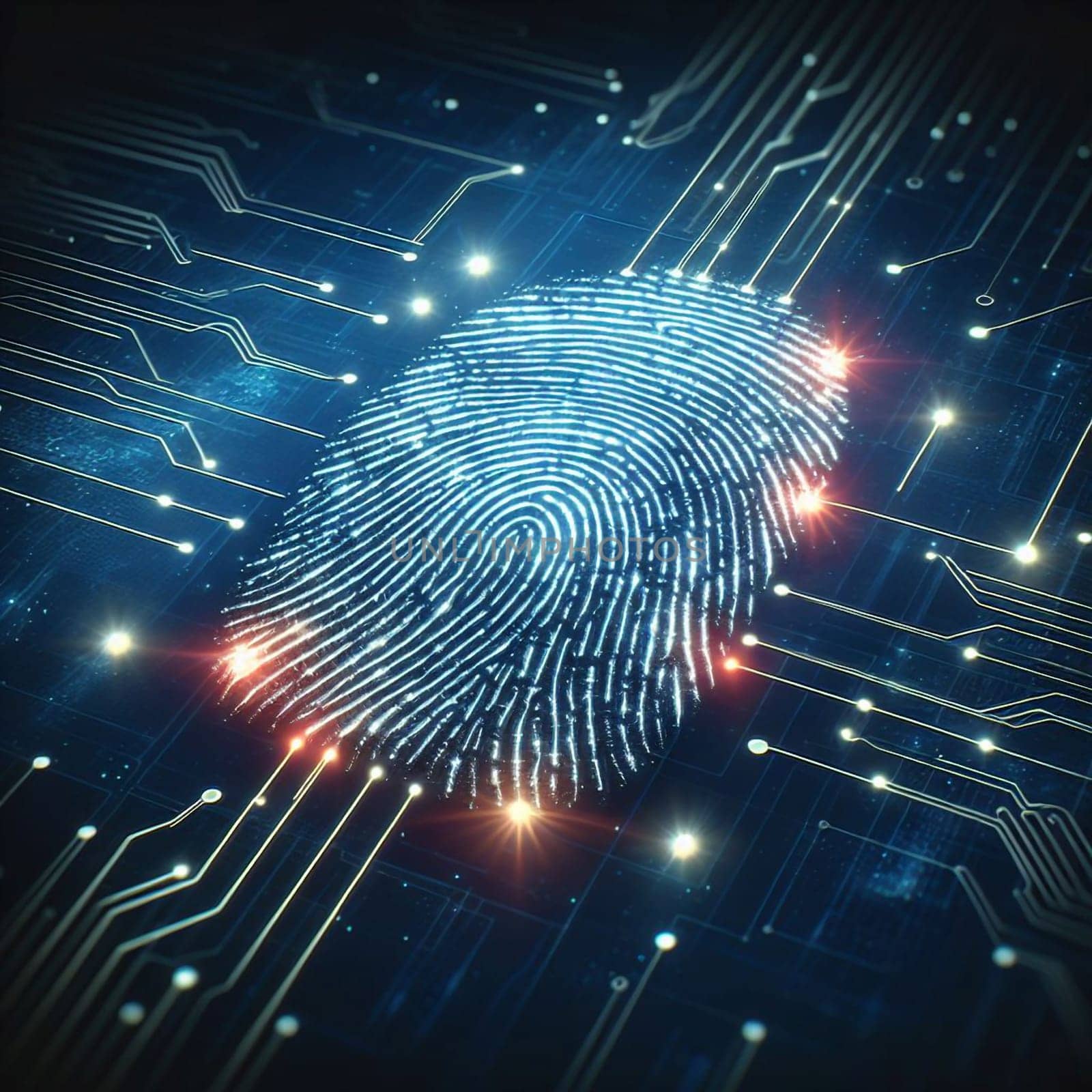 A glowing, blue fingerprint on a circuit board, symbolizing digital security and biometrics. High quality photo
