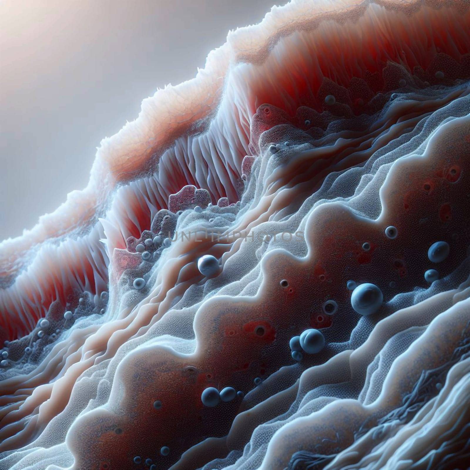 Abstract, 3D rendering of a landscape made of layered, textured surfaces with blue spheres scattered across it. The scene is a mix of organic and geometric shapes. High quality photo