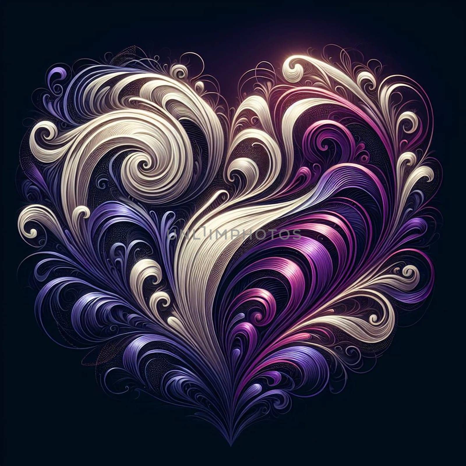 A heart-shaped design made up of intricate swirls and leaves in shades of purple, white, and gold. The design is on a dark background, creating a romantic and elegant feel. High quality photo