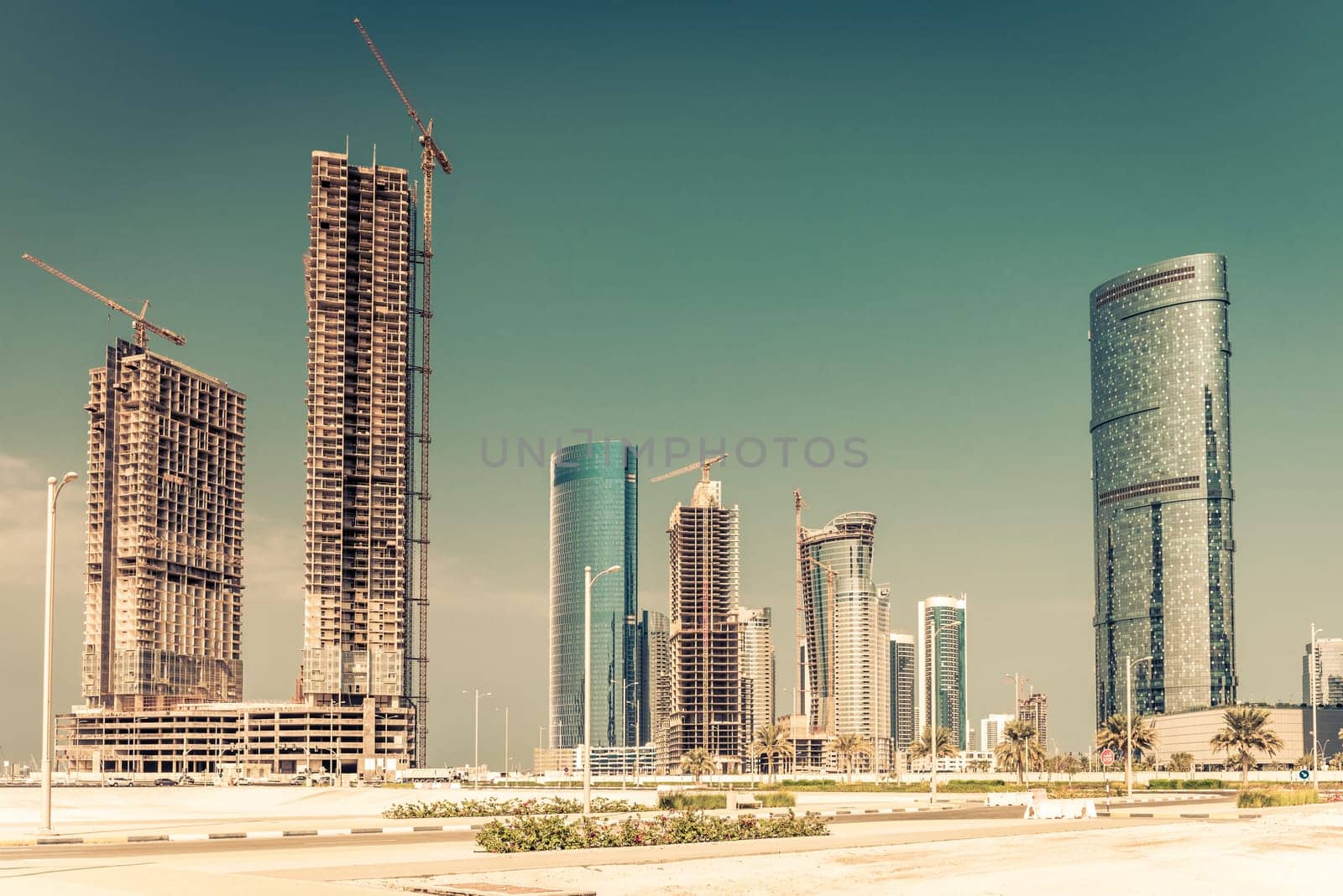 Abu Dhabi new district with skyscrapers construction. United Arab Emirates